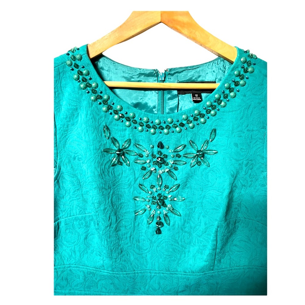 CheetaB Sunhee pretty Jacquard teal cap sleeve sheath dress w/ bodice beading - Picture 2 of 7